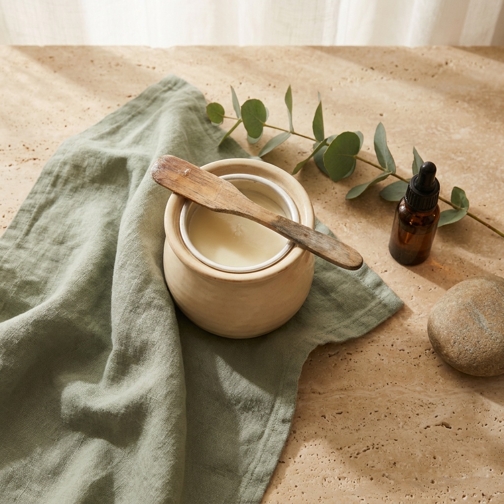 Warm wax pot, wooden spatula, and eucalyptus at Healing Hands waxing studio in Clearwater